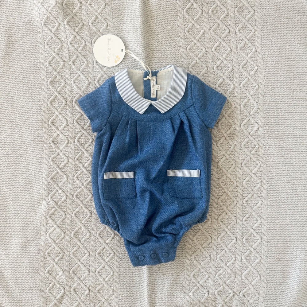 Blue Short Sleeve Baby Romper with Striped Collar & Pockets NWT